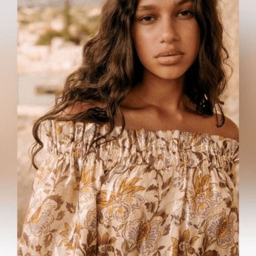 Sezane Rosita Dress in Miranda 40 US 8 Gold Floral Silk Metallic Off Shoulder - Picture 12 of 12